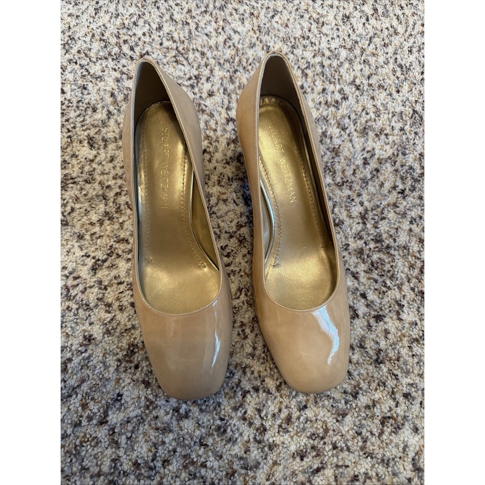 Stuart Weitzman Women's New Beige Patent Leather Block Heel Pumps 8.5